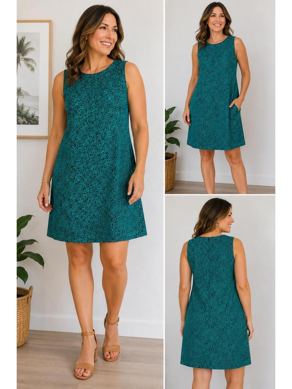 Turquoise Black Abstract Print Sleeveless A-Line Shift Dress Large